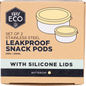 Two round stainless steel snack pods with yellow silicone lids, shown in 50ml and 200ml sizes on a white background.