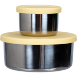 Two nested stainless steel snack pods with yellow silicone lids on a white background.