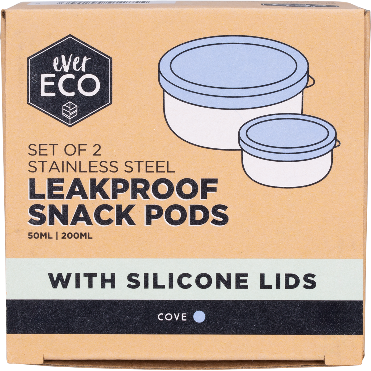 Two Ever Eco stainless steel snack pods with cove blue silicone lids, 50ml and 200ml sizes, on a white background.