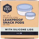 Two Ever Eco stainless steel snack pods with cove blue silicone lids, 50ml and 200ml sizes, on a white background.