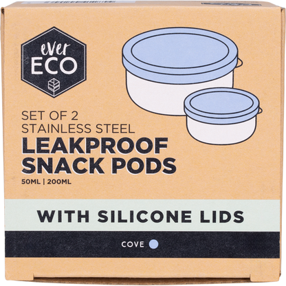 Two Ever Eco stainless steel snack pods with cove blue silicone lids, 50ml and 200ml sizes, on a white background.