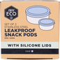 Two Ever Eco stainless steel snack pods with cove blue silicone lids, 50ml and 200ml sizes, on a white background.