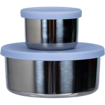 Two nested Ever Eco stainless steel snack pods with cove blue silicone lids, 50ml and 200ml, on a white background.