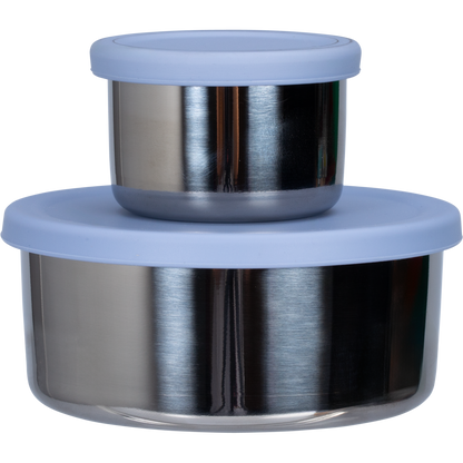 Two nested Ever Eco stainless steel snack pods with cove blue silicone lids, 50ml and 200ml, on a white background.