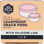 Two-pack of Ever Eco stainless steel leakproof snack pods with sorbet-colored silicone lids on a white background.