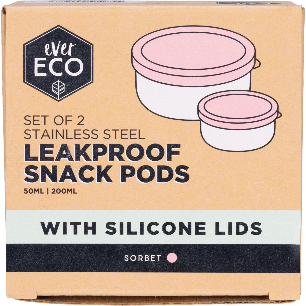 Two-pack of Ever Eco stainless steel leakproof snack pods with sorbet-colored silicone lids on a white background.