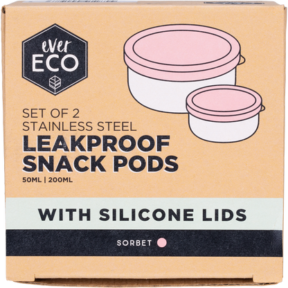 Two-pack of Ever Eco stainless steel leakproof snack pods with sorbet-colored silicone lids on a white background.