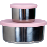 Two Ever Eco stainless steel snack pods with sorbet-colored silicone lids shown nested on a white background.