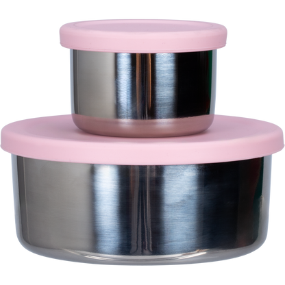 Two Ever Eco stainless steel snack pods with sorbet-colored silicone lids shown nested on a white background.