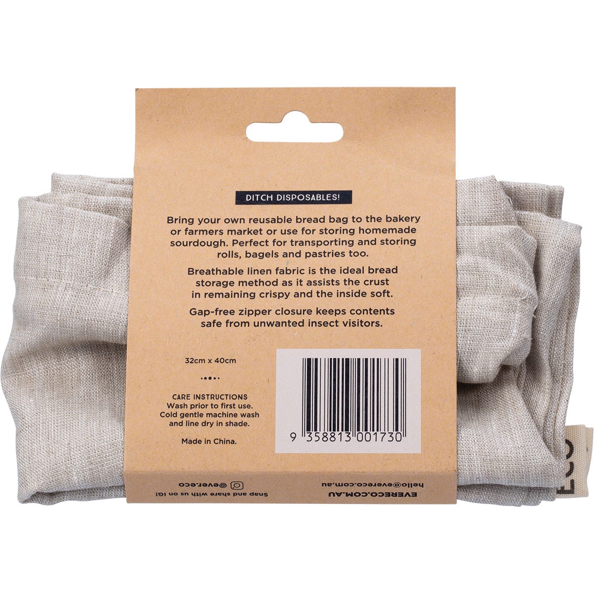 Back view of the Ever Eco reusable linen bread bag showing the natural flax fabric and stitching.