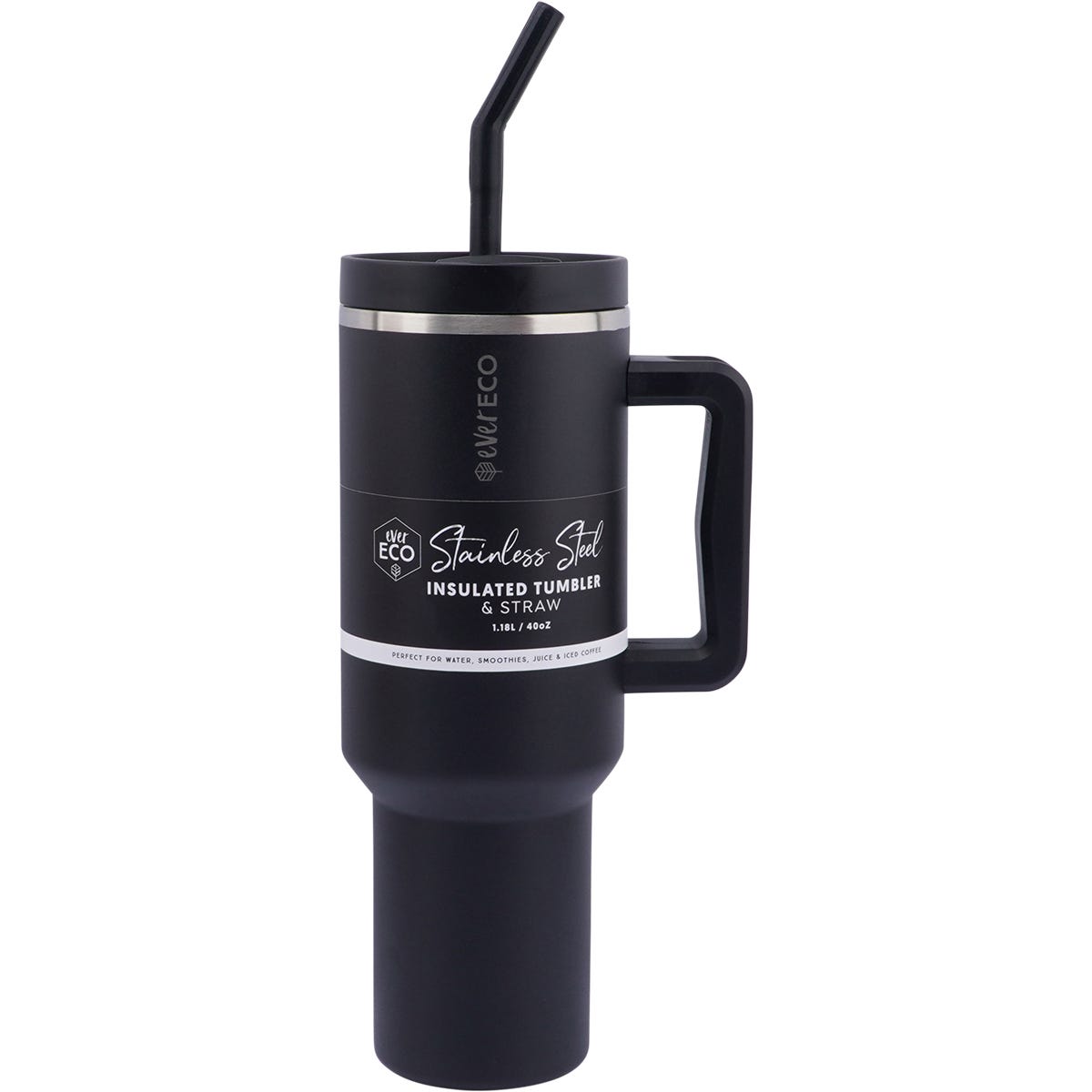 Onyx black 1.18L Ever Eco insulated tumbler with a large handle, lid, and stainless steel straw with a silicone tip.
