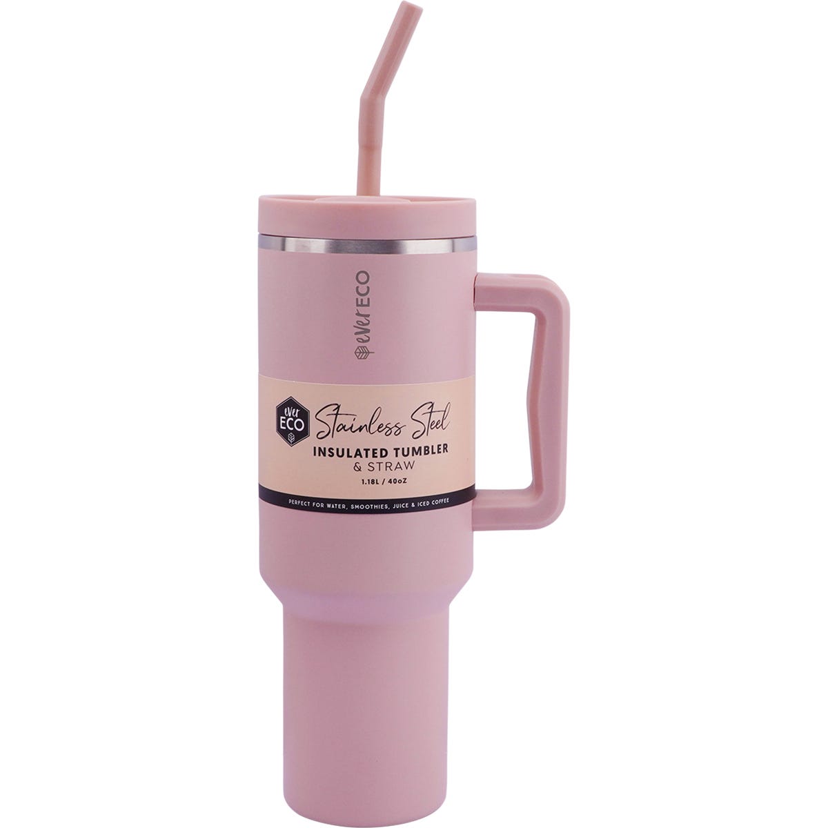 Rose 1.18L Ever Eco insulated stainless steel tumbler with handle, straw, and pink powder-coated finish.
