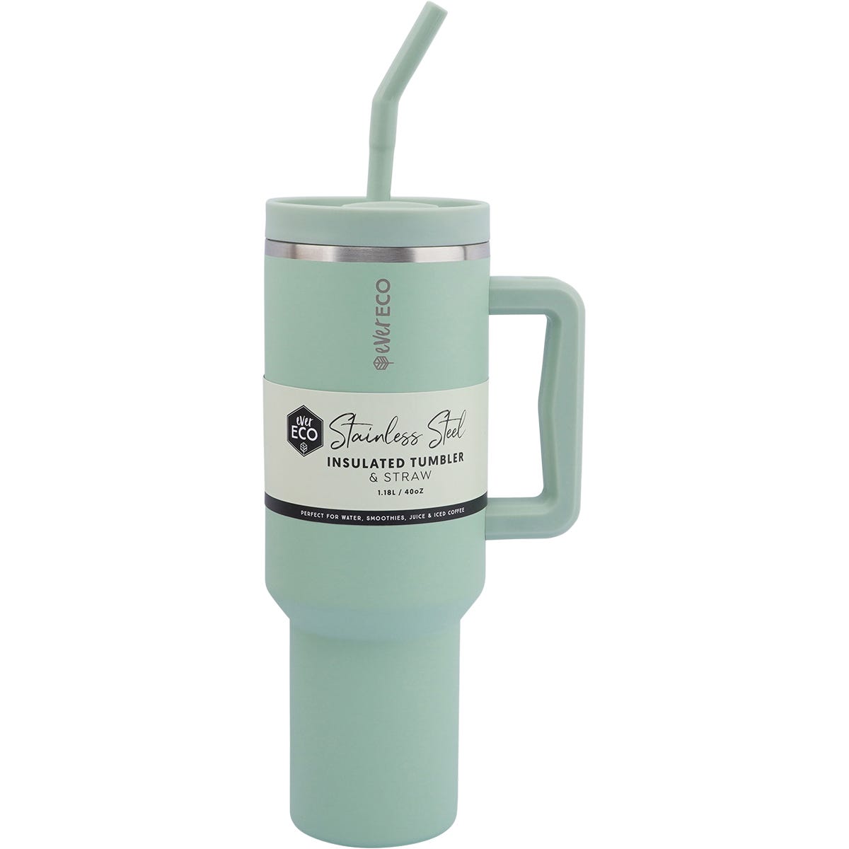 Sage 1.18L Ever Eco insulated stainless steel tumbler with a handle, straw, and silicone tip.