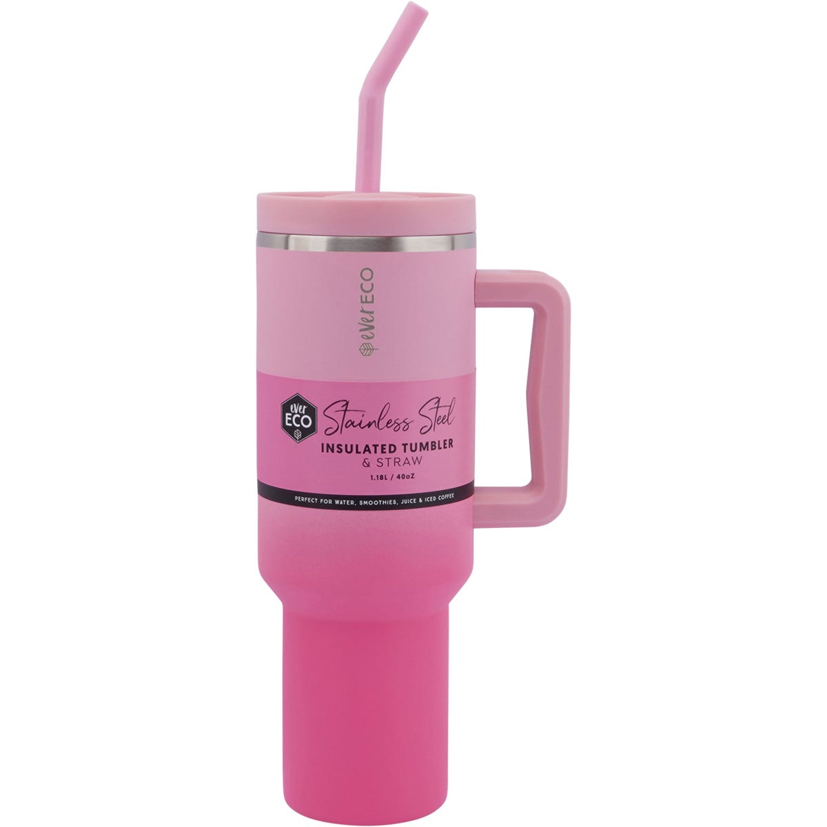 Pink and orange ombre 1.18L Ever Eco insulated stainless steel tumbler with a handle, lid, and straw.