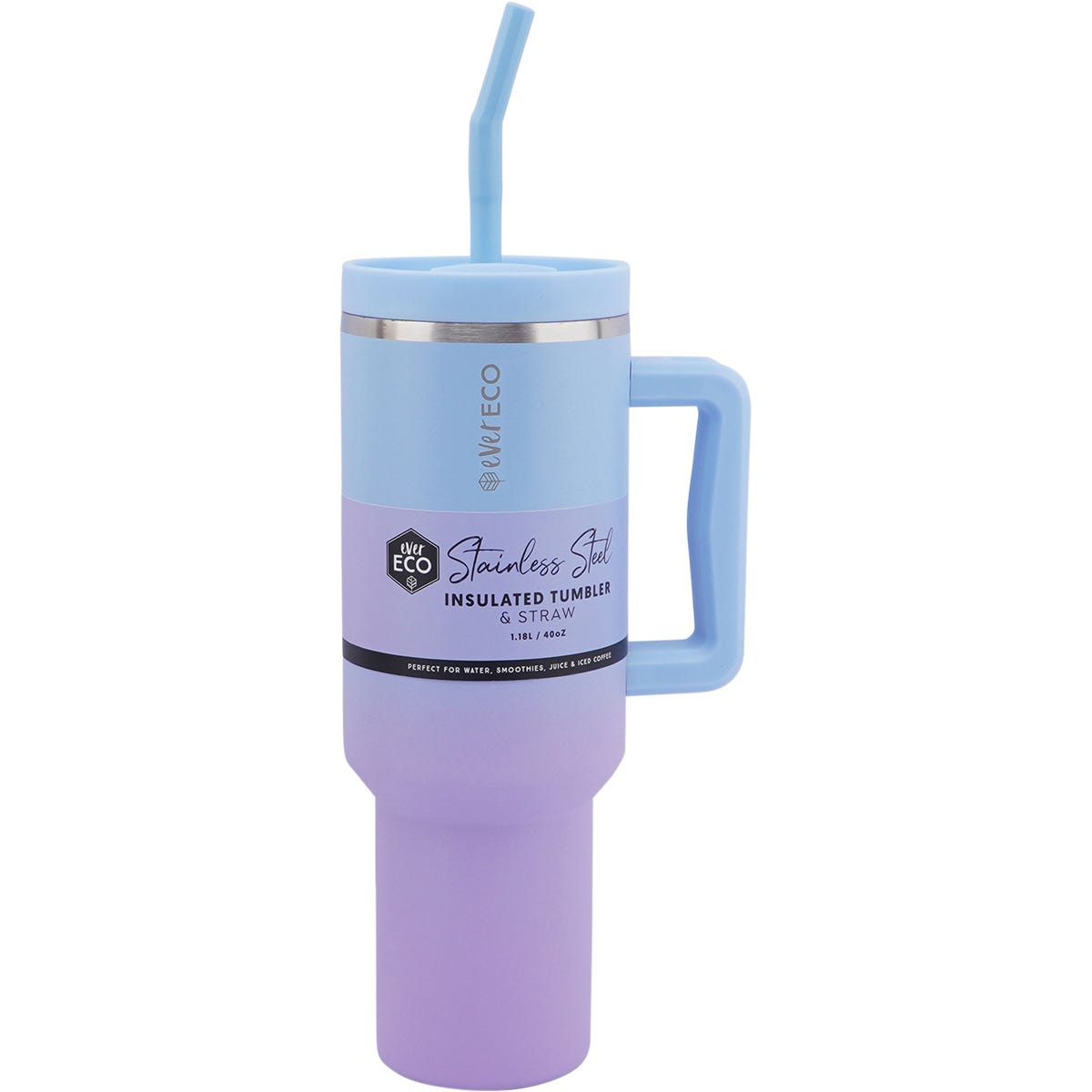 Purple and blue 1.18L Ever Eco insulated stainless steel tumbler with a handle, lid, and straw.