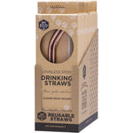 Two bent rose gold stainless steel straws and a cleaning brush displayed in a vertical arrangement.
