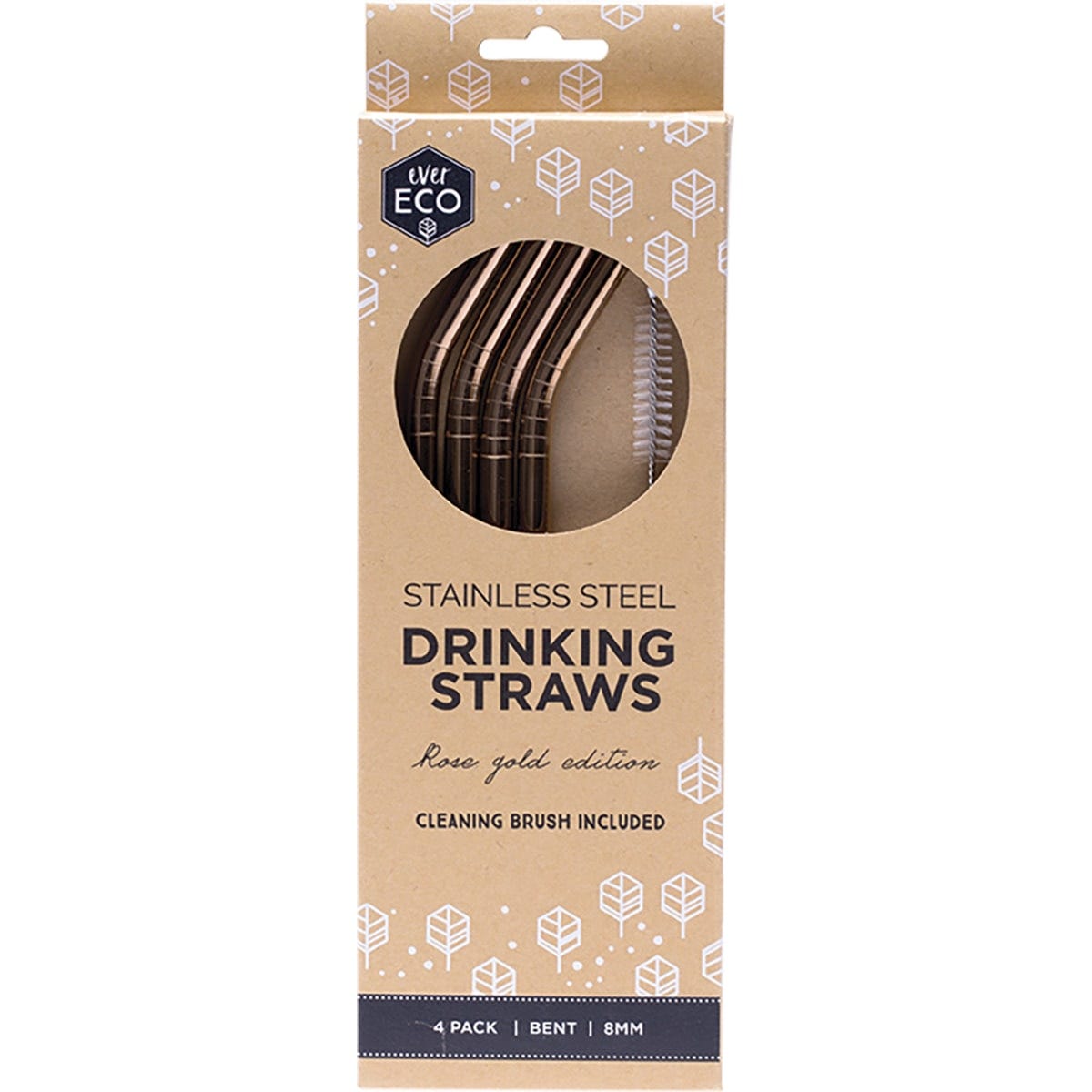 Four bent rose gold stainless steel straws and a cleaning brush on a white background.