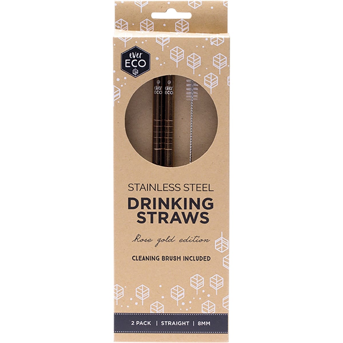 Two straight rose gold stainless steel straws and a cleaning brush on a white background.