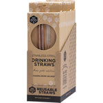 Two straight rose gold stainless steel straws and a cleaning brush displayed in a cardboard box.
