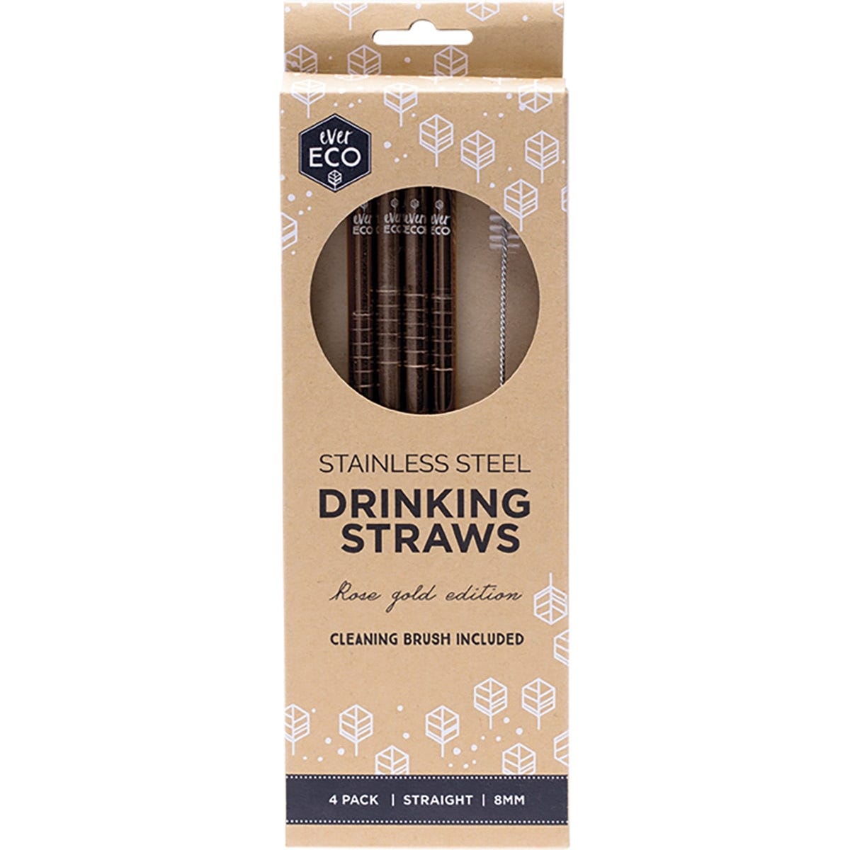 Four straight rose gold stainless steel straws and a cleaning brush on a white background.