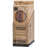 Four straight rose gold stainless steel straws and a cleaning brush in a white display box with a clear window.