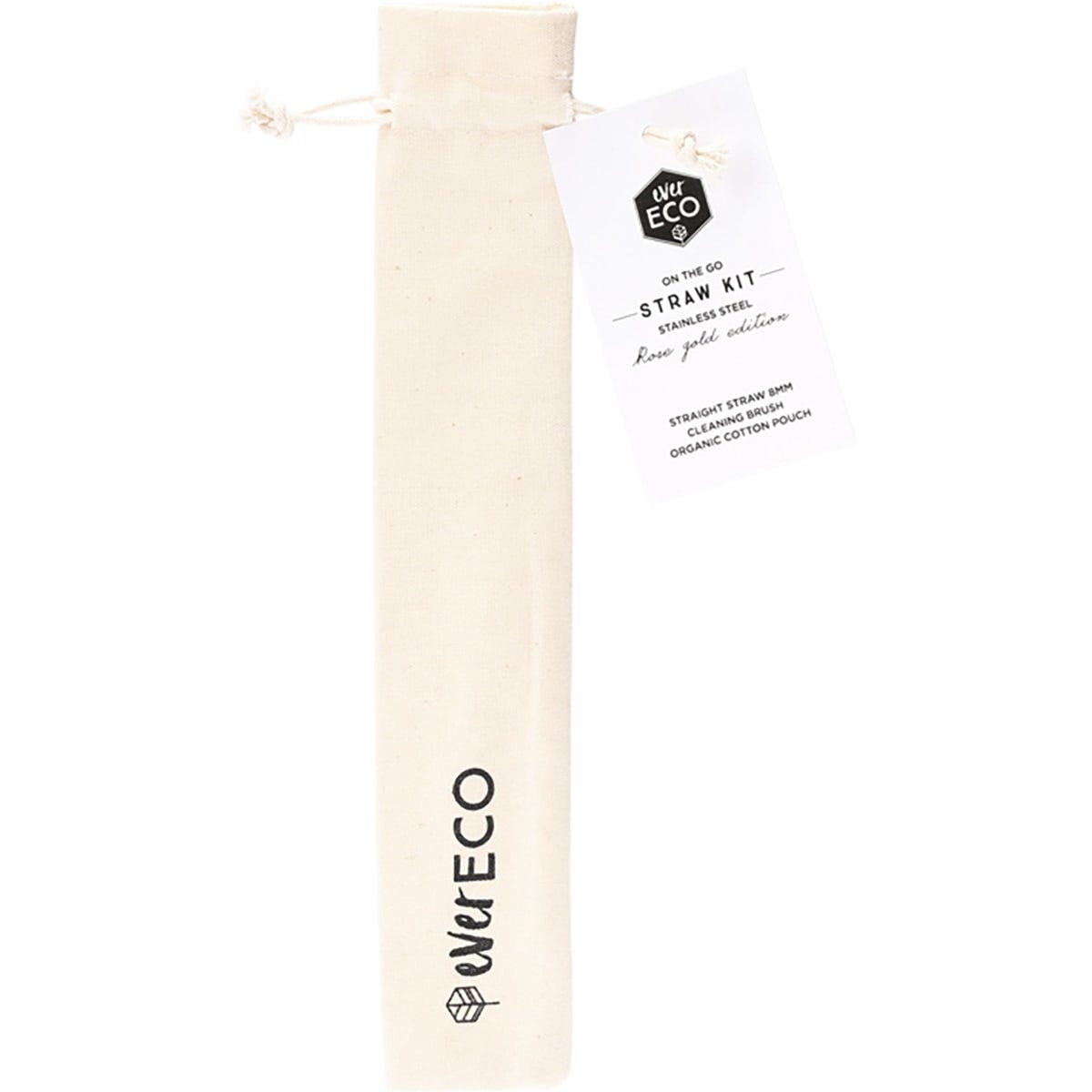 A single rose gold straight stainless steel drinking straw shown against a clean white background.