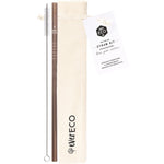 Rose gold straight stainless steel straw with a cleaning brush and a white organic cotton drawstring pouch.