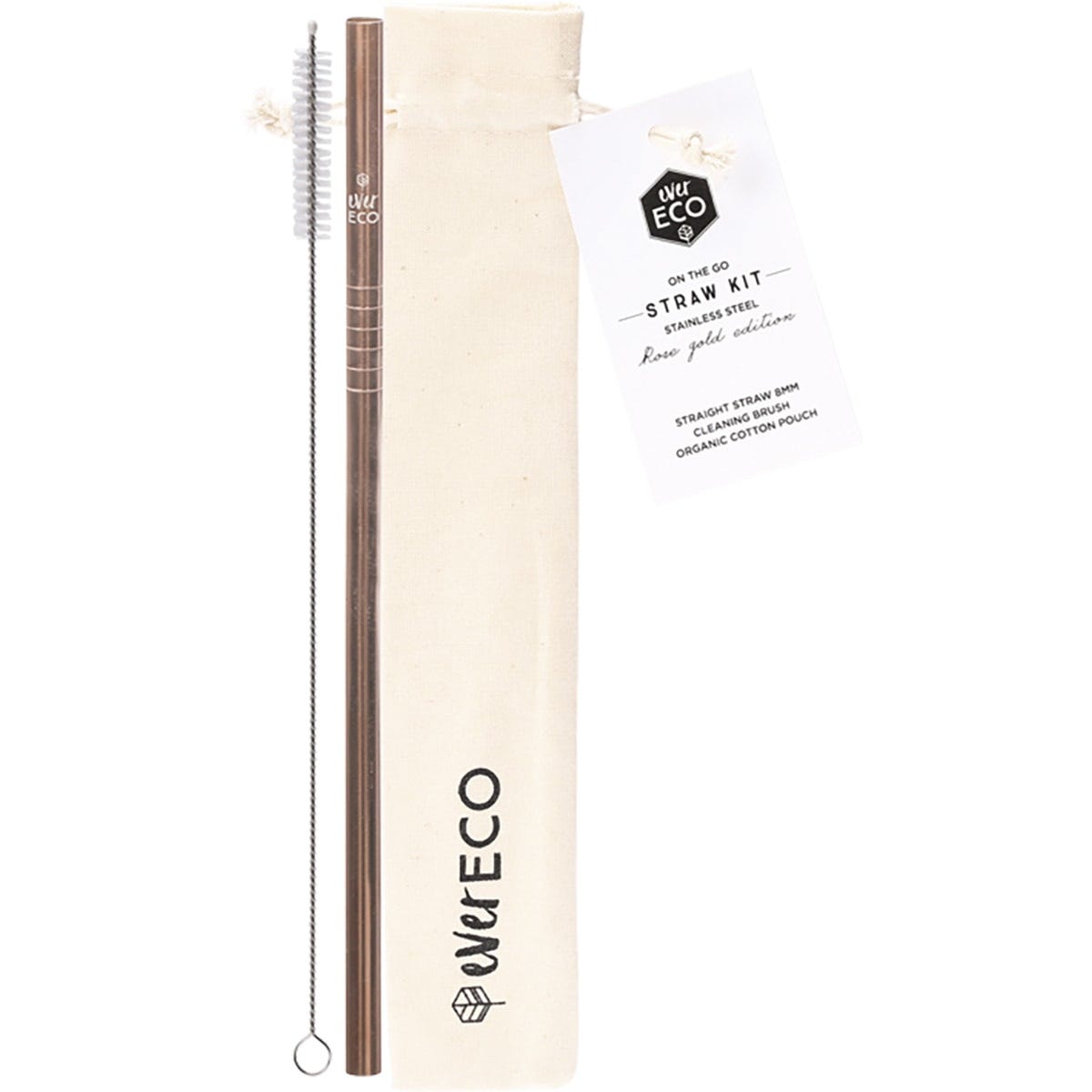 Rose gold straight stainless steel straw with a cleaning brush and a white organic cotton drawstring pouch.