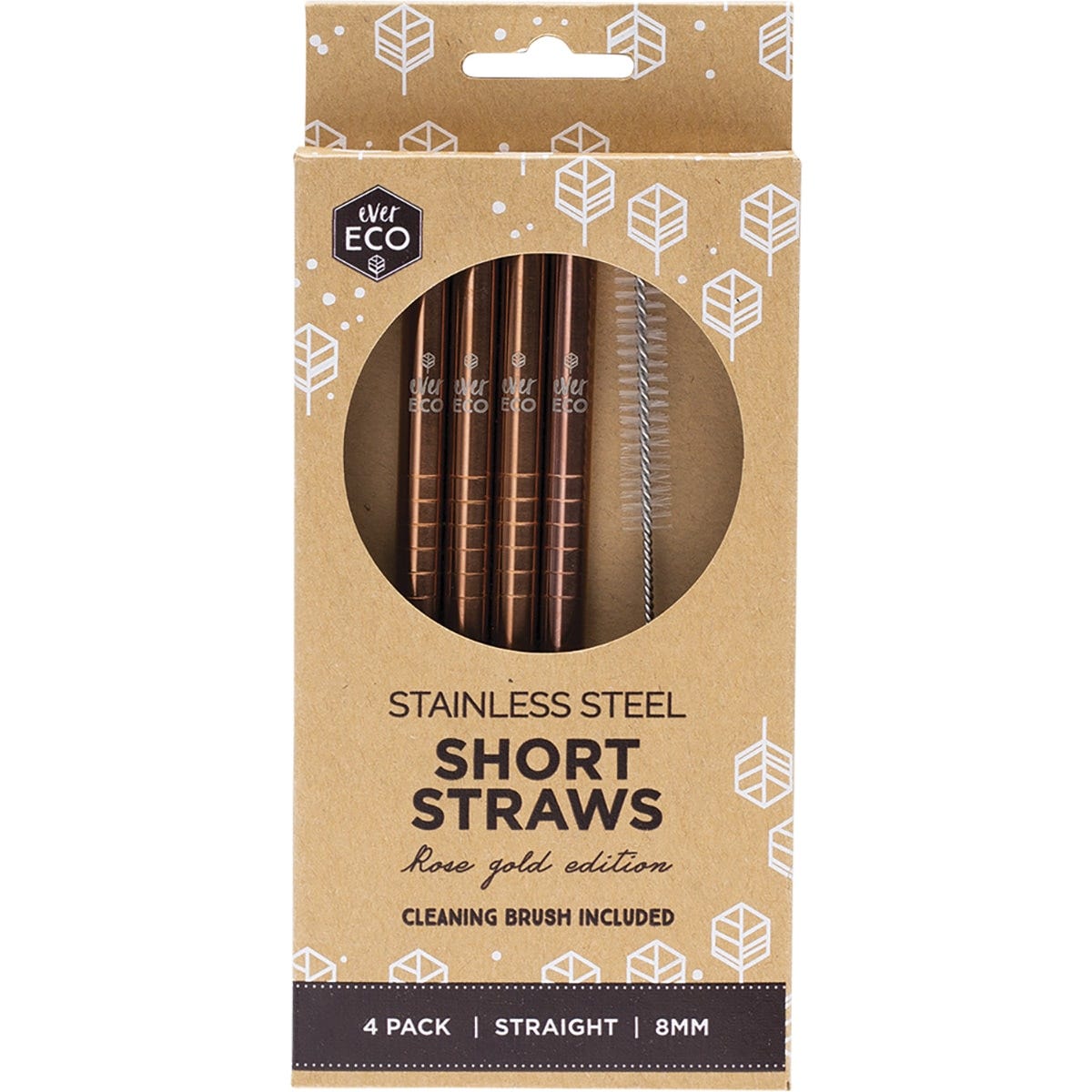 Four rose gold stainless steel short straws and a cleaning brush, designed for cocktails and small glasses.