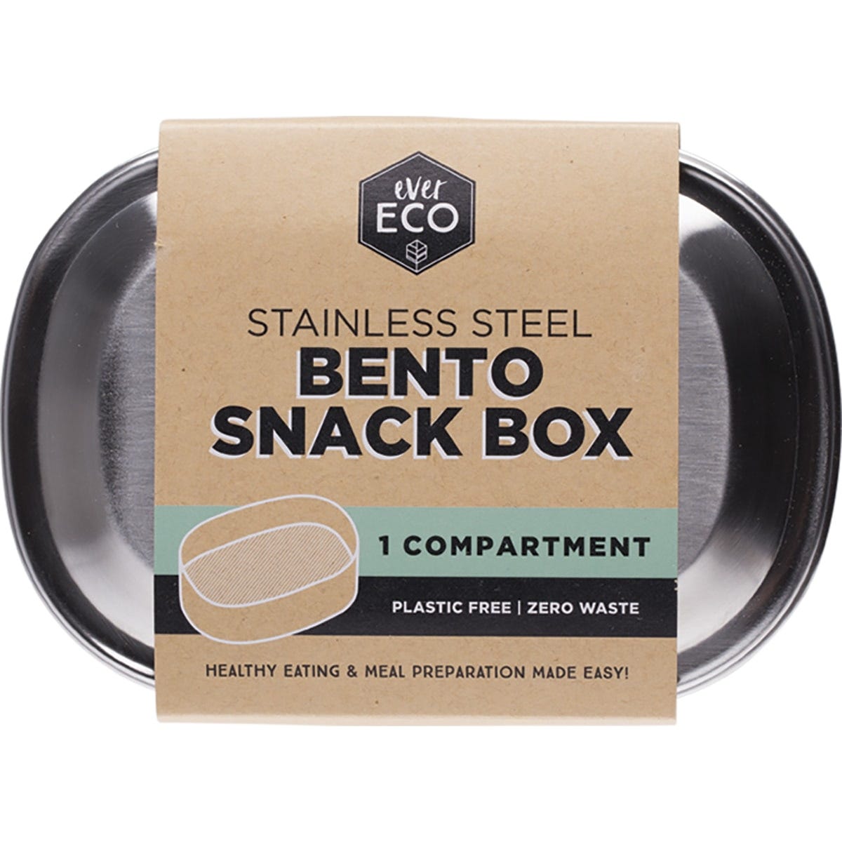 Stainless steel 580ml Ever Eco bento snack box with a single compartment and a matching metal lid.