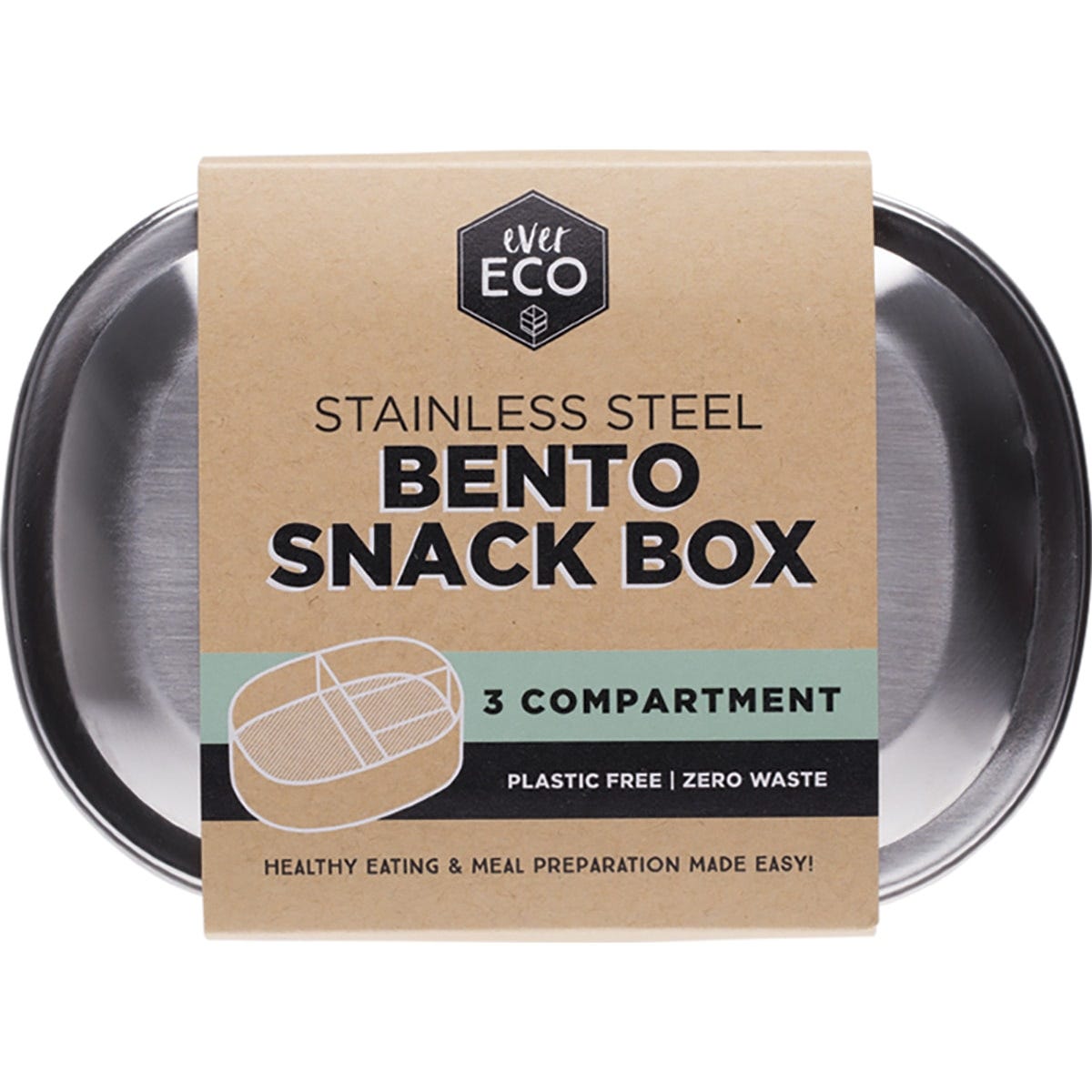 Silver 580ml Ever Eco stainless steel bento snack box with three compartments and a matching lid.