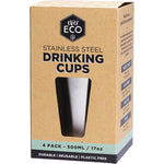 Four stackable 500ml brushed stainless steel drinking cups on a white background.