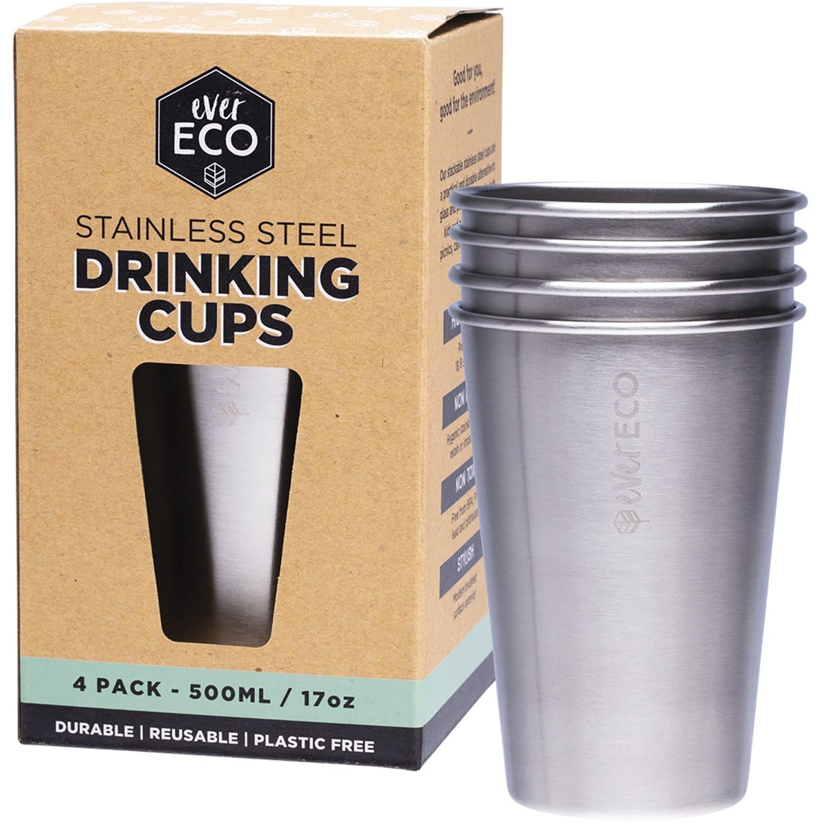 Four stackable brushed stainless steel 500ml drinking cups for kids and adults, ideal for picnics and camping.