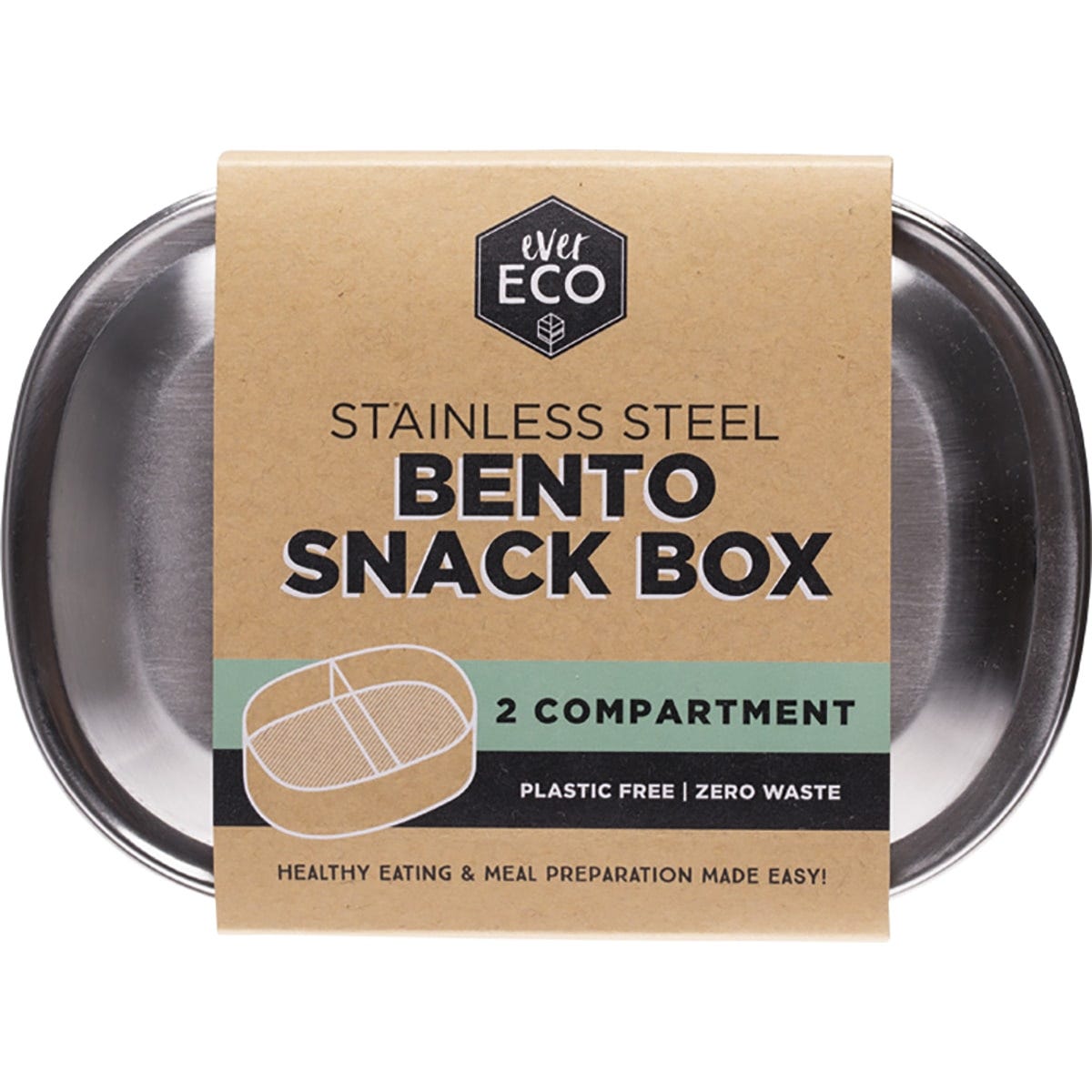 Ever Eco 580ml stainless steel bento snack box with two compartments and a matching metal lid.