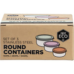 Three round stainless steel nesting containers with mint, blush, and apricot lids on a white background.