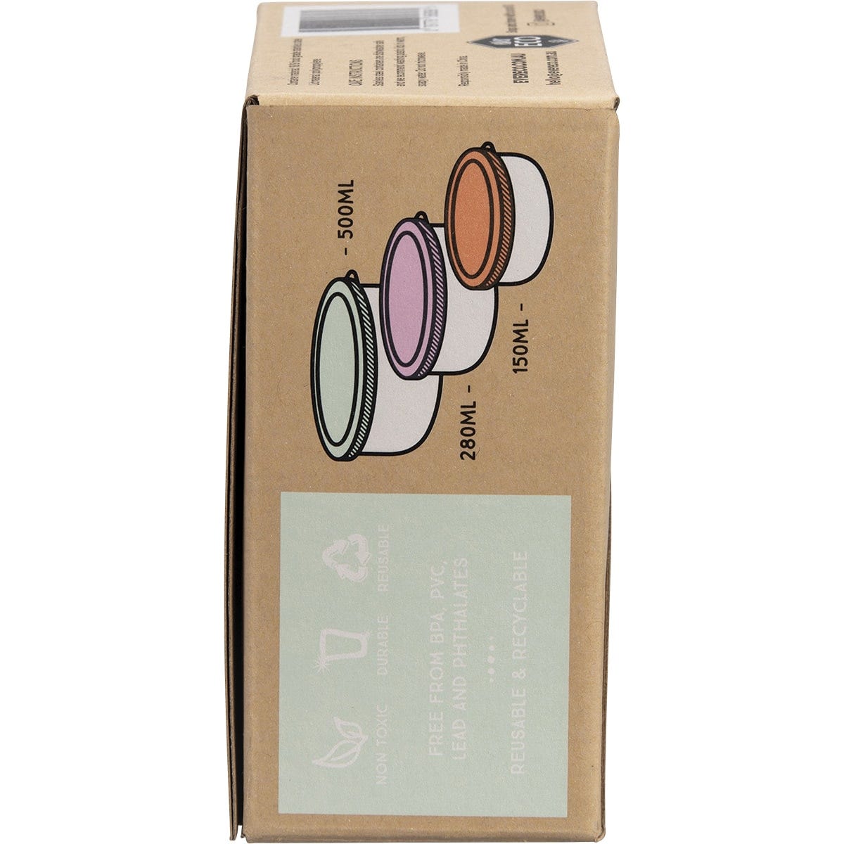 Three round stainless steel nesting containers with mint, blush, and apricot lids viewed from a right-side angle.