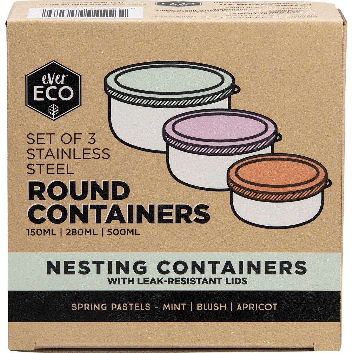 Ever Eco Stainless Steel Round Nesting Containers Spring Pastels 3 Pack