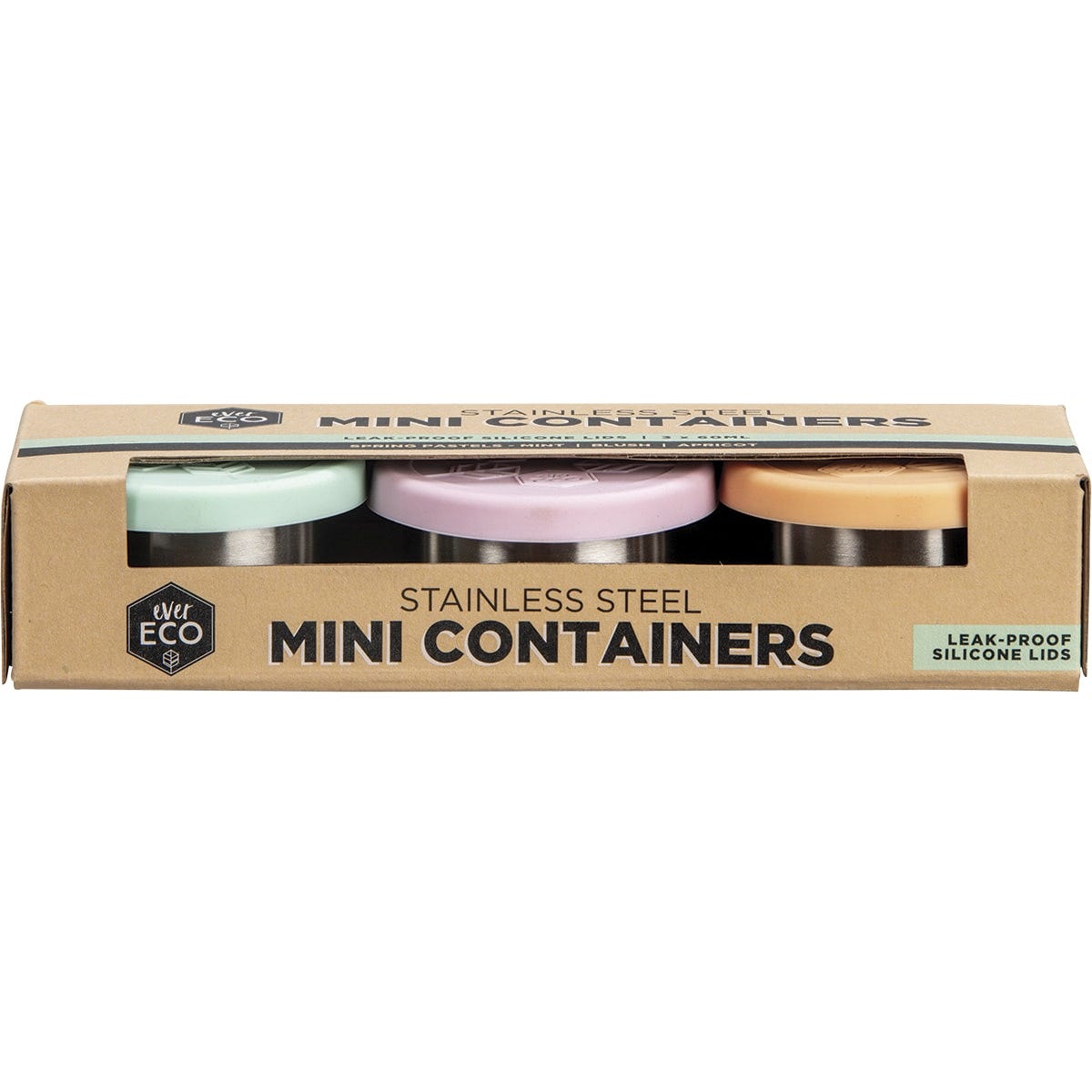 Three mini stainless steel containers with pastel mint, blush, and apricot leak-proof silicone lids in a stack.