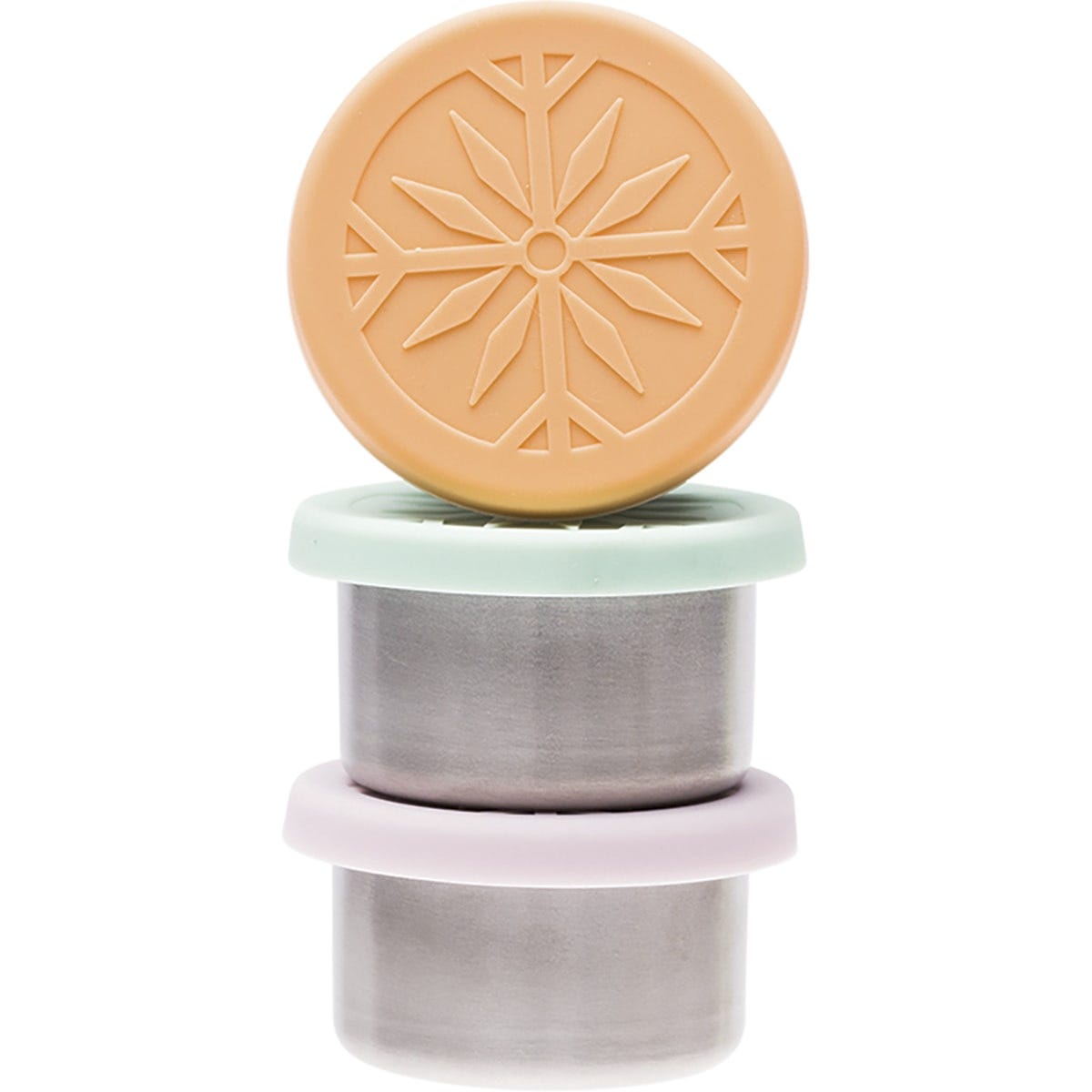 Three Ever Eco mini stainless steel containers with pastel lids used for snacks and dips on a wooden surface.