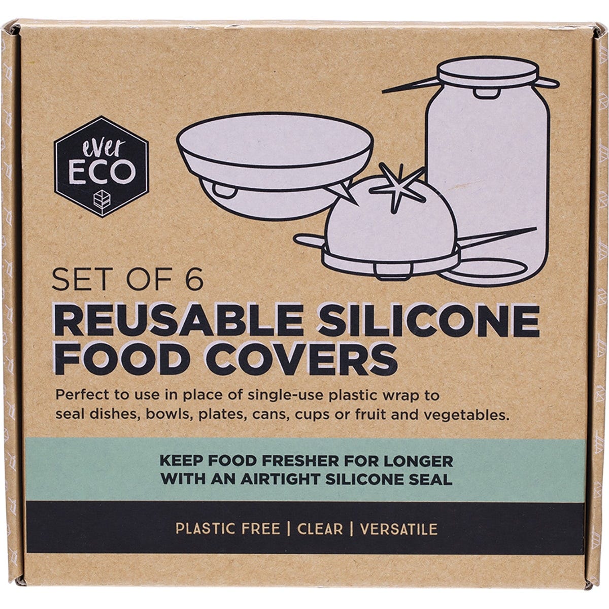 Ever Eco 6-pack of clear reusable silicone food covers in various sizes for sealing bowls and containers.