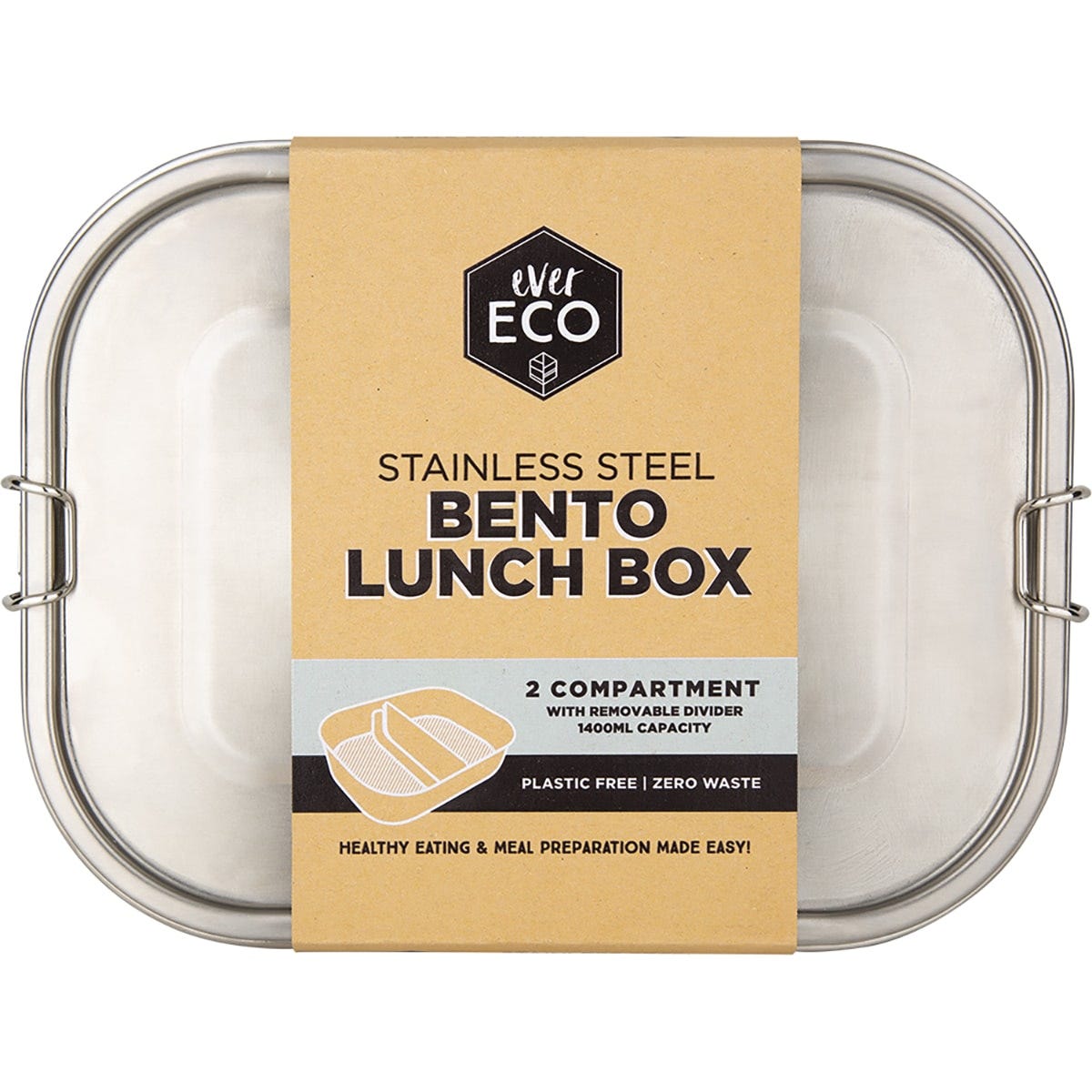 Ever Eco 1400ml stainless steel bento lunch box with two compartments and a removable divider on a white background.