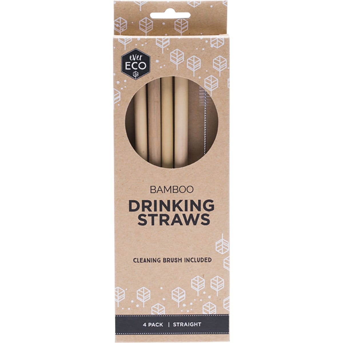 Ever Eco 4-pack of straight bamboo straws with a silver cleaning brush on a white background.