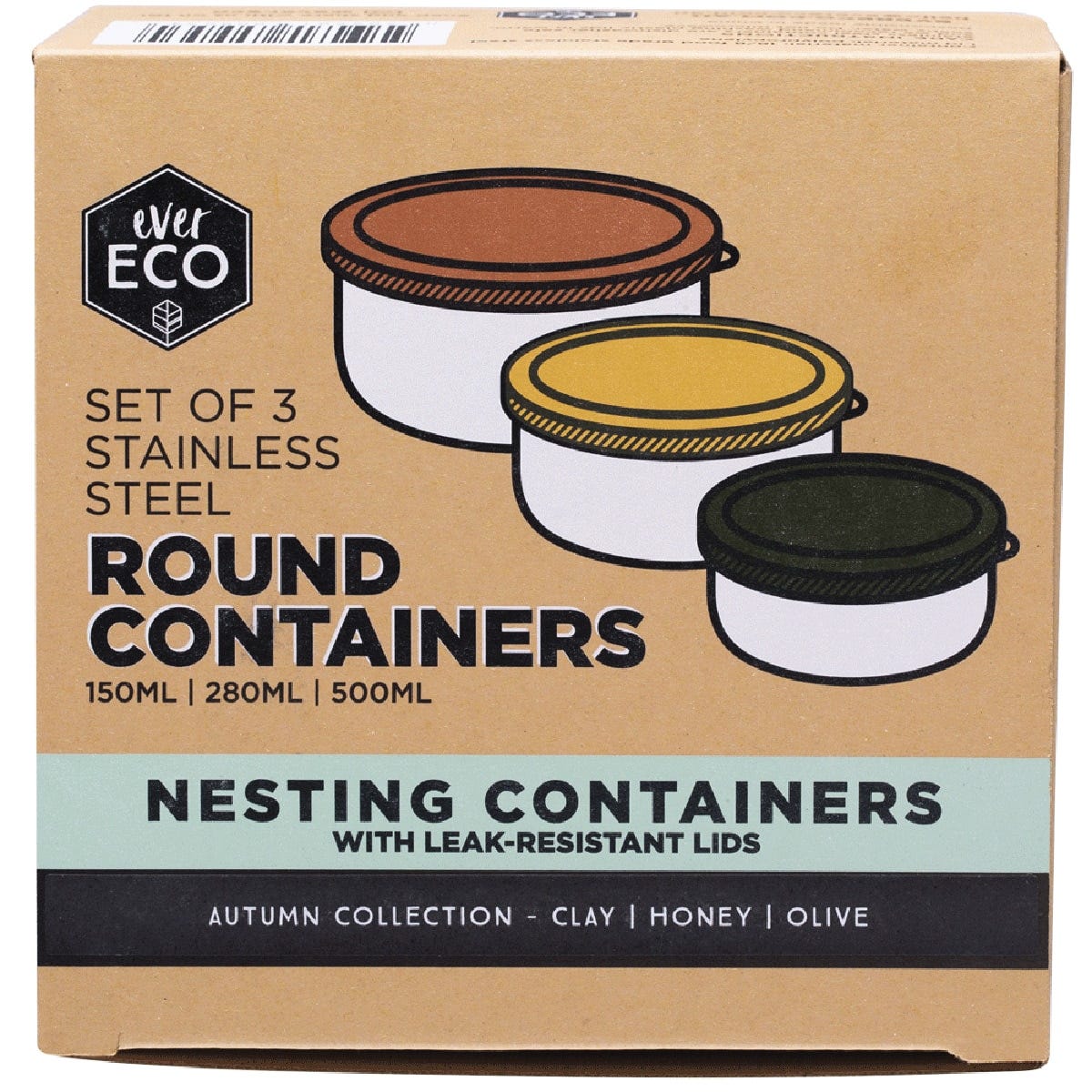Ever Eco 3-pack of nesting stainless steel containers with clay, honey, and olive green lids.