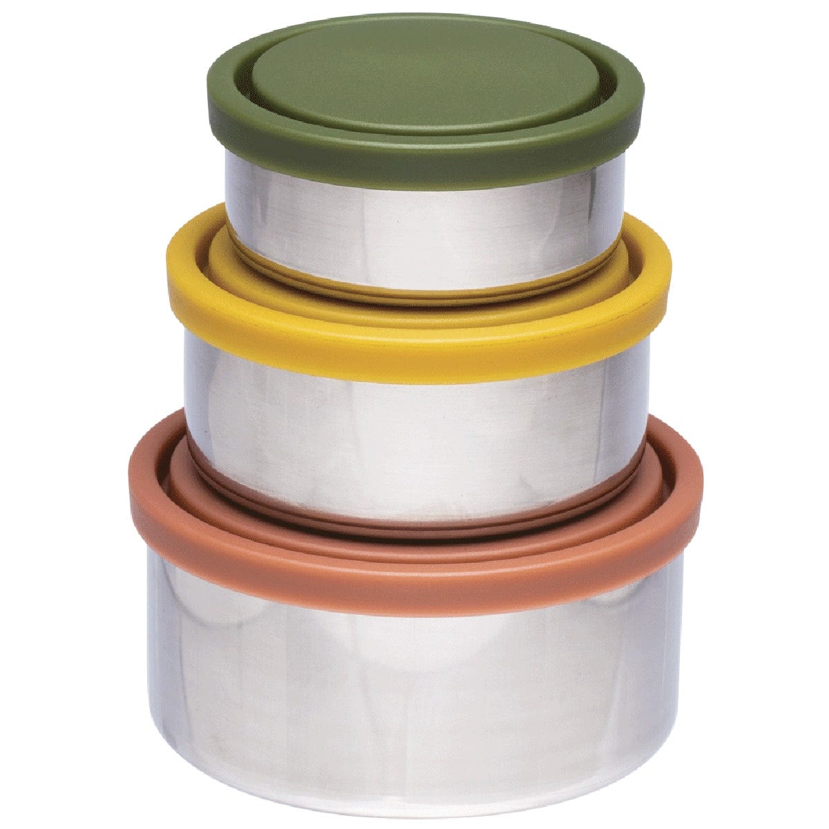 Ever Eco 3-pack nesting stainless steel containers with clay, honey, and olive lids on a wooden surface with food.