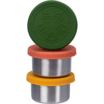 Open Ever Eco mini stainless steel containers with clay, honey, and olive autumn-themed silicone lids.