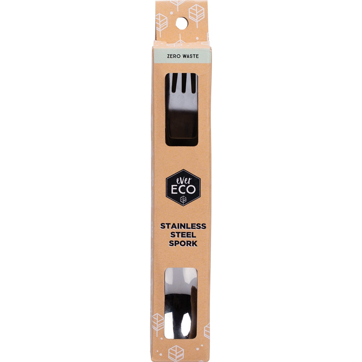 Ever Eco stainless steel spork made of 304 grade stainless steel featuring a spoon at one end and a fork at the other.