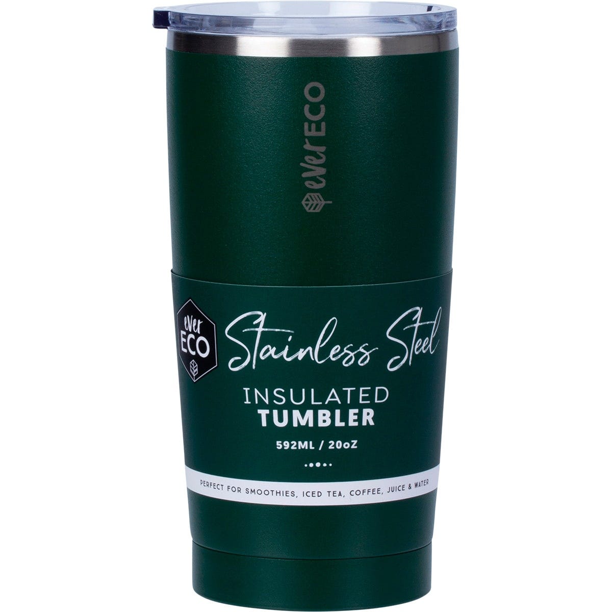 Ever Eco 592ml forest green insulated stainless steel tumbler with a clear splash-proof lid and matte powder coated finish.