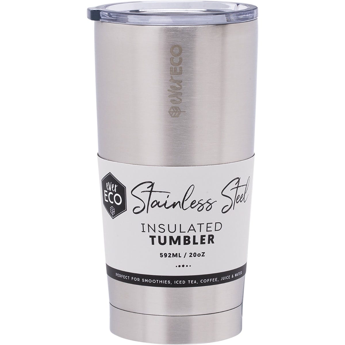 Brushed stainless steel 592ml Ever Eco insulated tumbler with a clear sliding lid on a white background.