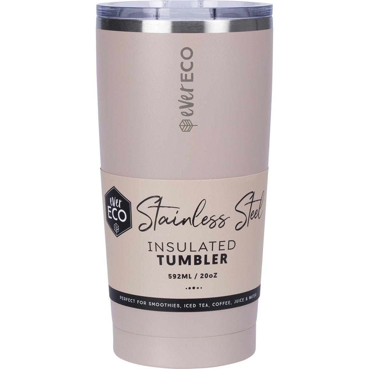 Rose 592ml Ever Eco insulated stainless steel tumbler with a clear sliding lid on a white background.
