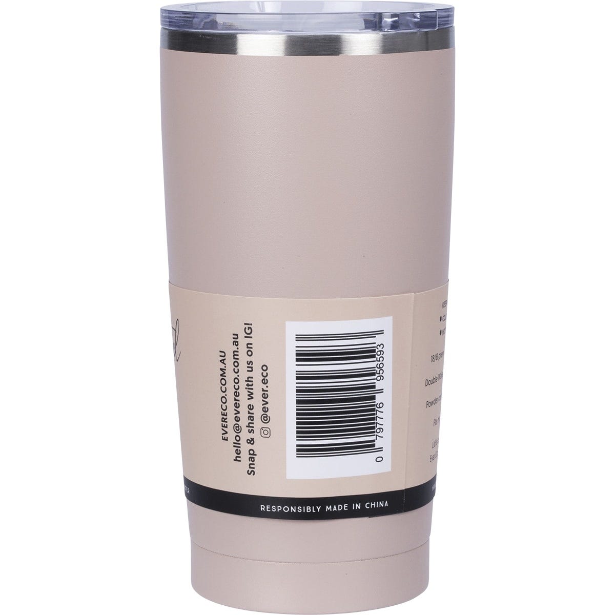 Rose 592ml Ever Eco insulated stainless steel tumbler with a clear sliding lid, shown from a right side angle.